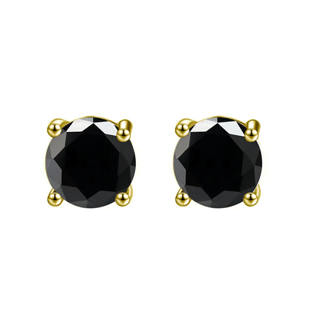 10k Yellow Gold Plated 1 Carat Round Created Black Sapphire Stud Earrings
