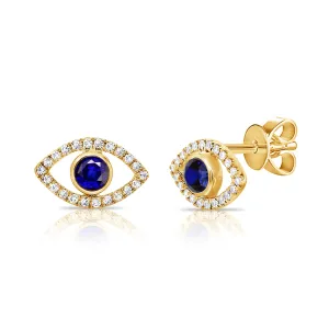 14k Gold Sapphire & Diamond Evil Eye Stud Earrings