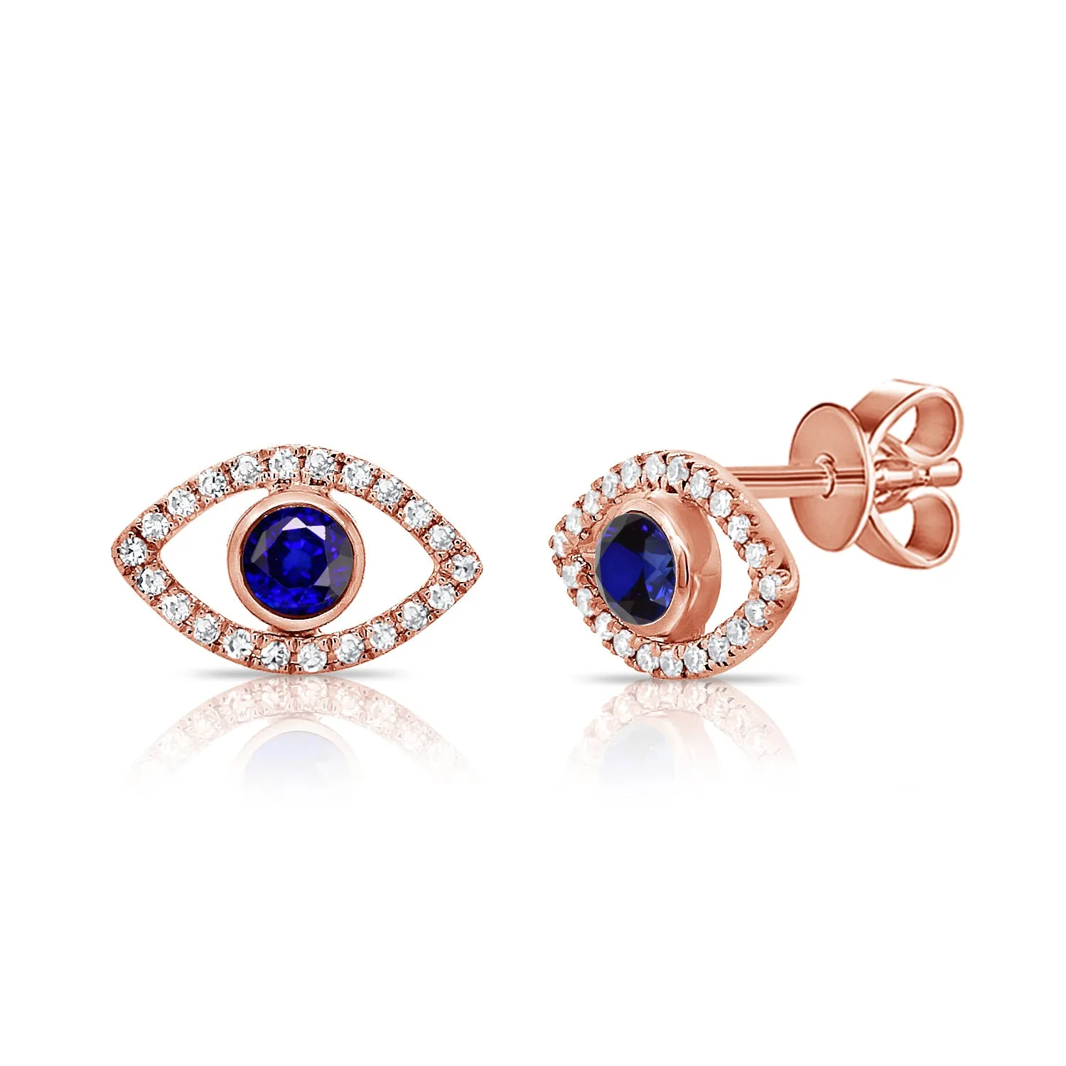 14k Gold Sapphire & Diamond Evil Eye Stud Earrings
