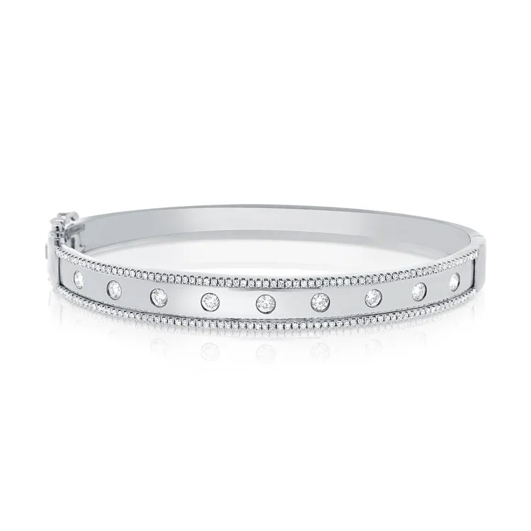 14K White Gold Diamond Wide Border Bangle