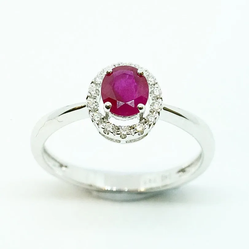 14K White Gold Ruby and Diamond Halo Ladies Ring