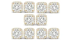 14k Yellow Gold 4mm 1/2Ct Cushion Cut White Sapphire Set Of Five Halo Stud Earrings Plated