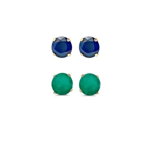 14k Yellow Gold Plated 1Ct Created Blue Sapphire and Emerald 2 Pair Round Stud Earrings