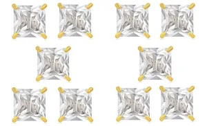 14k Yellow Gold Plated 3Ct Square Cut White Sapphire Set Of Five Stud Earrings