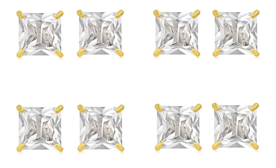 14k Yellow Gold Plated 4mm 1Ct Square Cut White Sapphire Set Of Four Stud Earrings