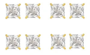14k Yellow Gold Plated 4mm 1Ct Square Cut White Sapphire Set Of Four Stud Earrings