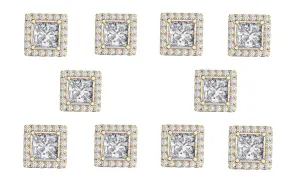 14k Yellow Gold Plated 4mm 2Ct Square Cut White Sapphire Set of Five Halo Stud Earrings