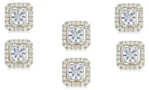 14k Yellow Gold Plated 6mm 2Ct Princess Cut White Sapphire Set of Three Halo Stud Earrings