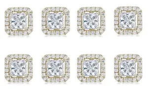 14k Yellow Gold Plated 6mm 3Ct Princess Cut White Sapphire Set of Four Halo Stud Earrings