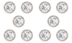 14k Yellow Gold Plated 6mm 4Ct Round White Sapphire Set Of Five Halo Stud Earrings