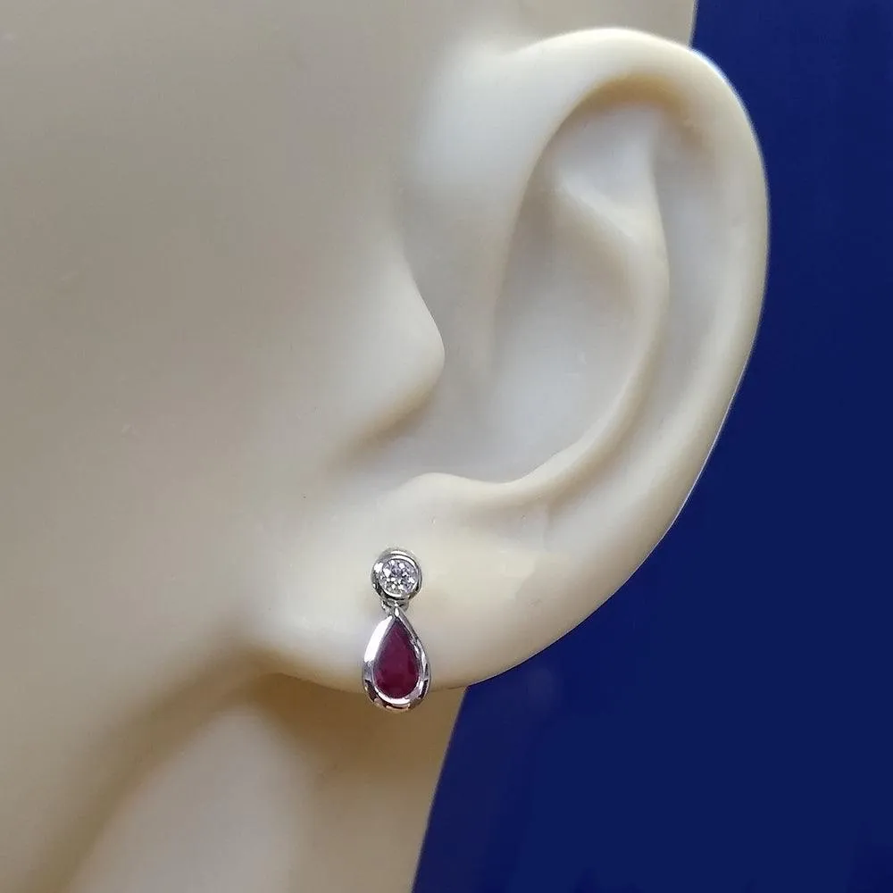 18ct White Gold Pear Shape Ruby and Diamond Drop Earrings