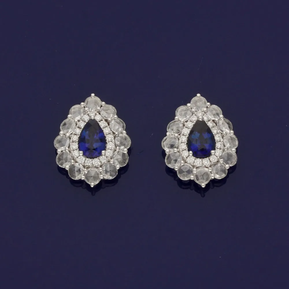 18ct White Gold Sapphire and Rose Cut Diamond Tear Drop Stud Earrings
