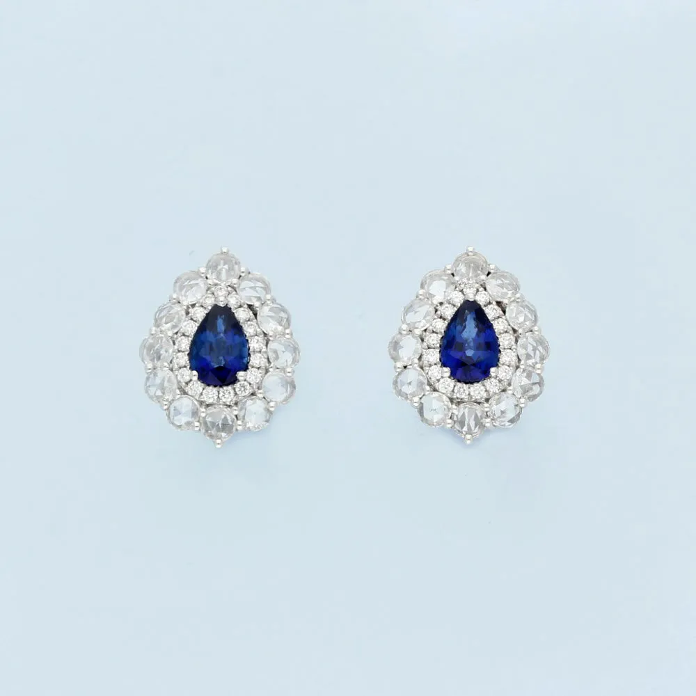 18ct White Gold Sapphire and Rose Cut Diamond Tear Drop Stud Earrings