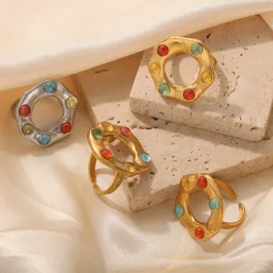 18K Gold Trendy Personality Irregular Shape Inlaid Gemstone Design Ring | Unique Jewelry for Women