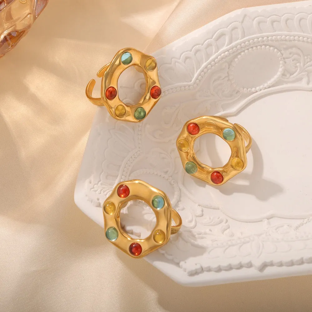 18K Gold Trendy Personality Irregular Shape Inlaid Gemstone Design Ring | Unique Jewelry for Women
