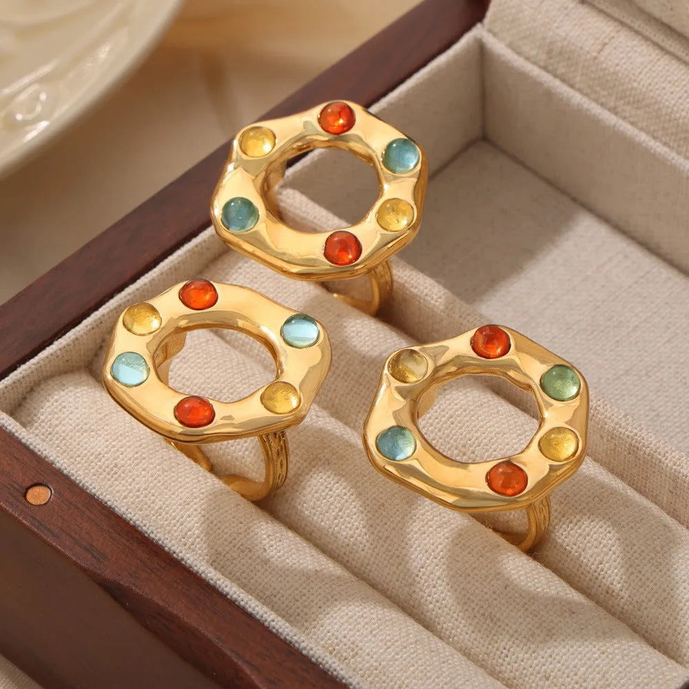 18K Gold Trendy Personality Irregular Shape Inlaid Gemstone Design Ring | Unique Jewelry for Women