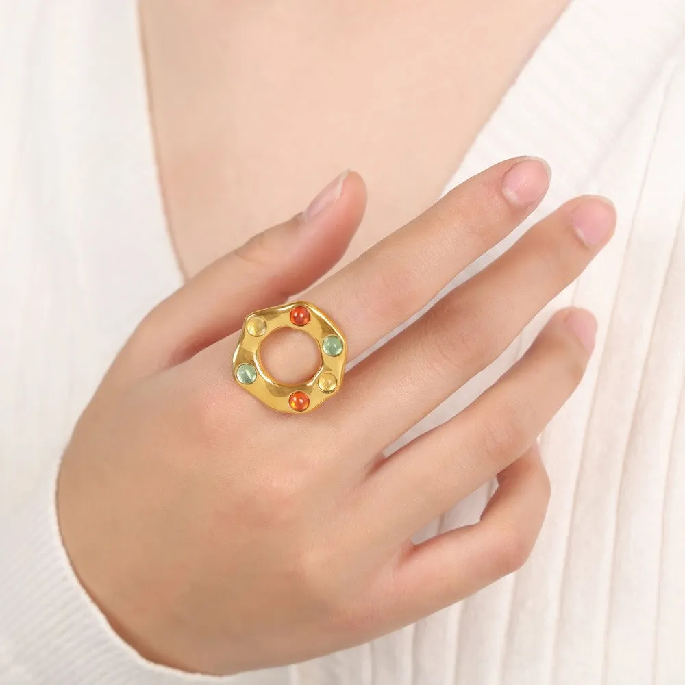 18K Gold Trendy Personality Irregular Shape Inlaid Gemstone Design Ring | Unique Jewelry for Women