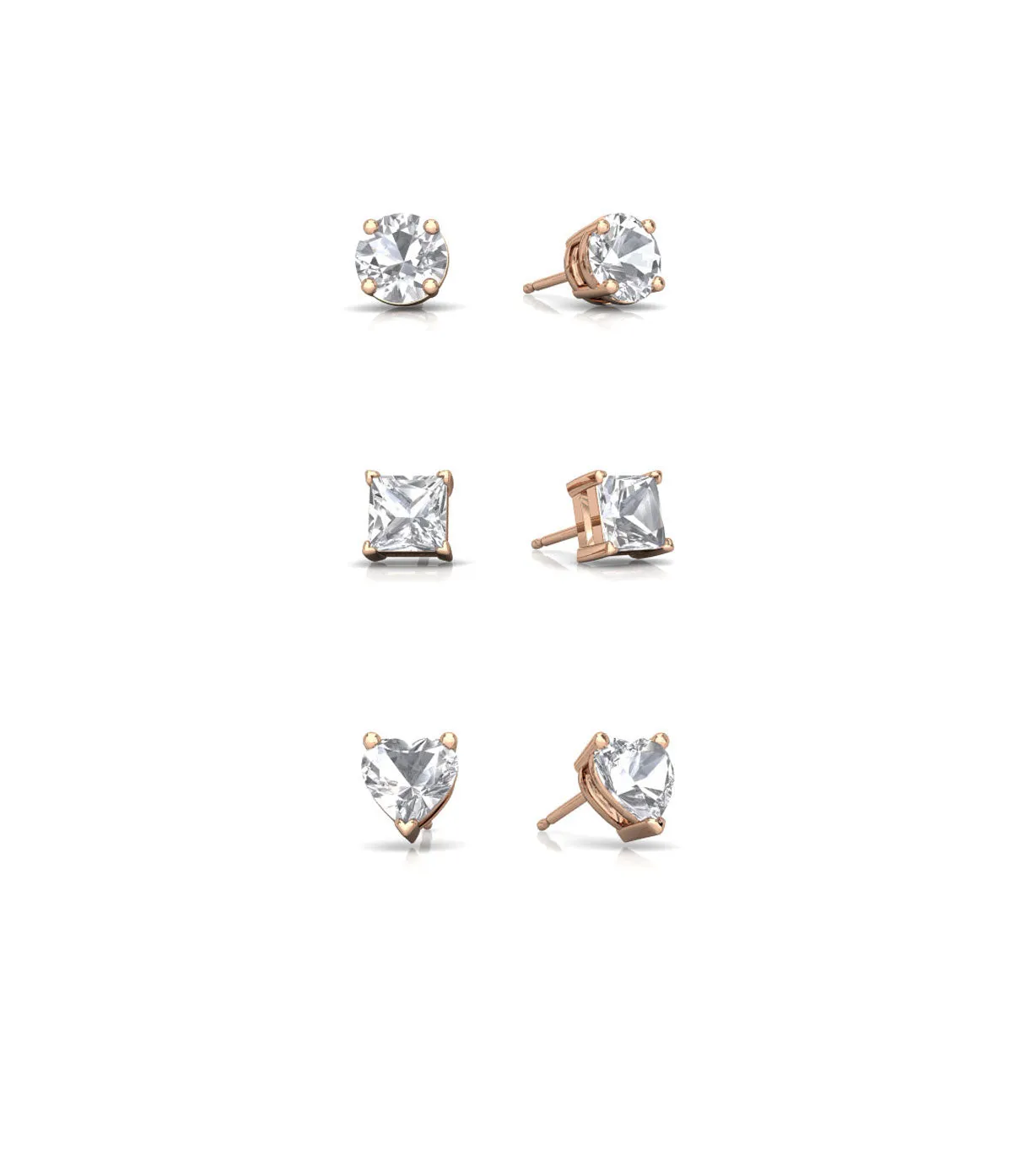 18k Rose Gold Plated 4mm Created White Sapphire 3 Pair Round, Square and Heart Stud Earrings