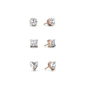 18k Rose Gold Plated 4mm Created White Sapphire 3 Pair Round, Square and Heart Stud Earrings