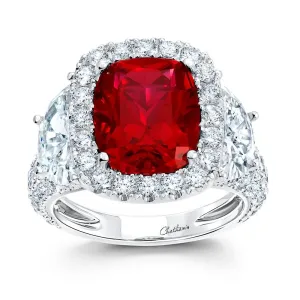 18K White Chatham Ruby and Lab Grown Diamond Ring Size 6.5