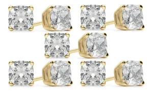 18k Yellow Gold 1Ct Cushion Cut White Sapphire Set Of Five Stud Earrings Plated