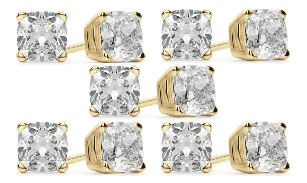18k Yellow Gold 1Ct Cushion Cut White Sapphire Set Of Five Stud Earrings Plated