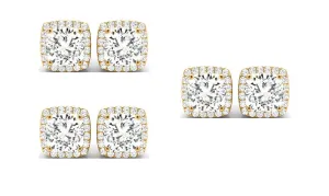 18k Yellow Gold 2Ct Cushion Cut White Sapphire Set Of Three Halo Stud Earrings Plated