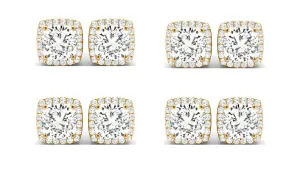 18k Yellow Gold 6mm 1/2Ct Cushion Cut White Sapphire Set Of Four Halo Stud Earrings Plated