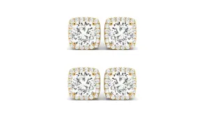 18k Yellow Gold 6mm 4Ct Cushion Cut White Sapphire Set Of Two Halo Stud Earrings Plated