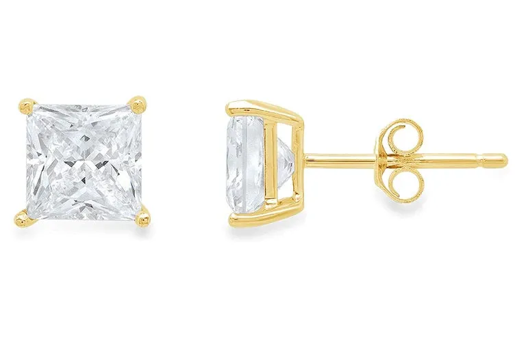 18k Yellow Gold Plated 1/4 Carat Princess Cut Created White Sapphire Stud Earrings 4mm