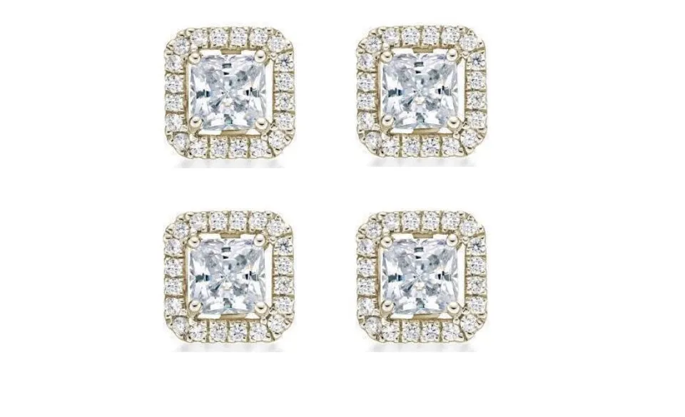 18k Yellow Gold Plated 2Ct Princess Cut White Sapphire Set of Two Halo Stud Earrings