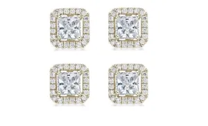 18k Yellow Gold Plated 2Ct Princess Cut White Sapphire Set of Two Halo Stud Earrings