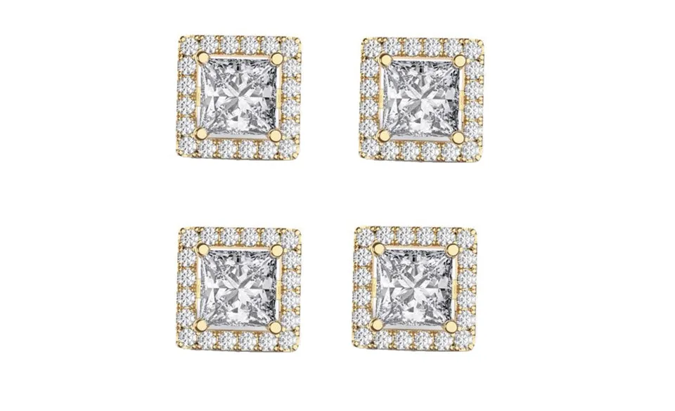 18k Yellow Gold Plated 3Ct Square Cut White Sapphire Set of Two Halo Stud Earrings