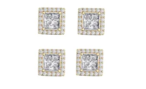 18k Yellow Gold Plated 3Ct Square Cut White Sapphire Set of Two Halo Stud Earrings