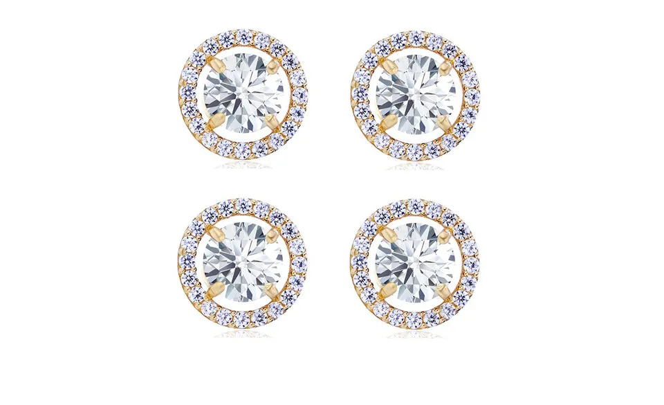 18k Yellow Gold Plated 4mm 3Ct Round White Sapphire Set of Two Halo Stud Earrings