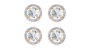 18k Yellow Gold Plated 4mm 3Ct Round White Sapphire Set of Two Halo Stud Earrings