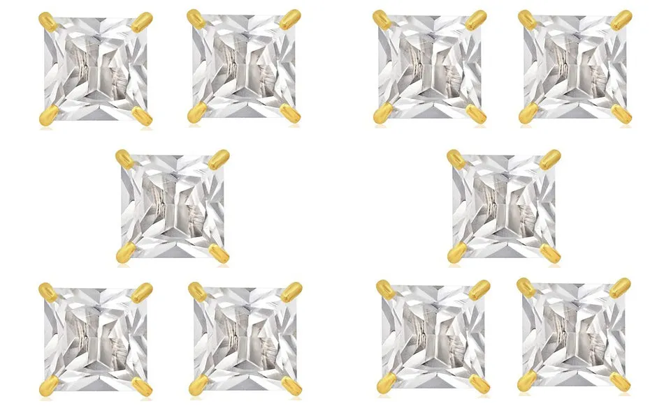 18k Yellow Gold Plated 4mm 4Ct Square Cut White Sapphire Set Of Five Stud Earrings