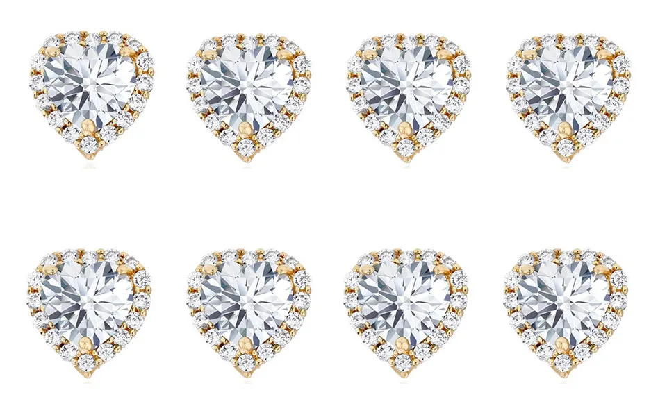 18k Yellow Gold Plated 6mm 1Ct Heart White Sapphire Set of Four Halo Stud Earrings