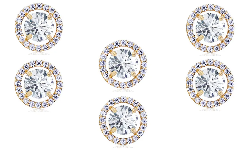 18k Yellow Gold Plated 6mm 1Ct Round White Sapphire Set of Three Halo Stud Earrings