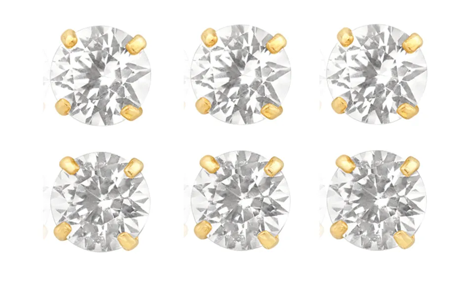 18k Yellow Gold Plated 6mm 2Ct Round White Sapphire Set Of Three Stud Earrings
