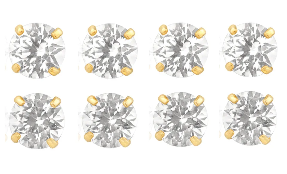 18k Yellow Gold Plated 6mm 3Ct Round White Sapphire Set Of Four Stud Earrings