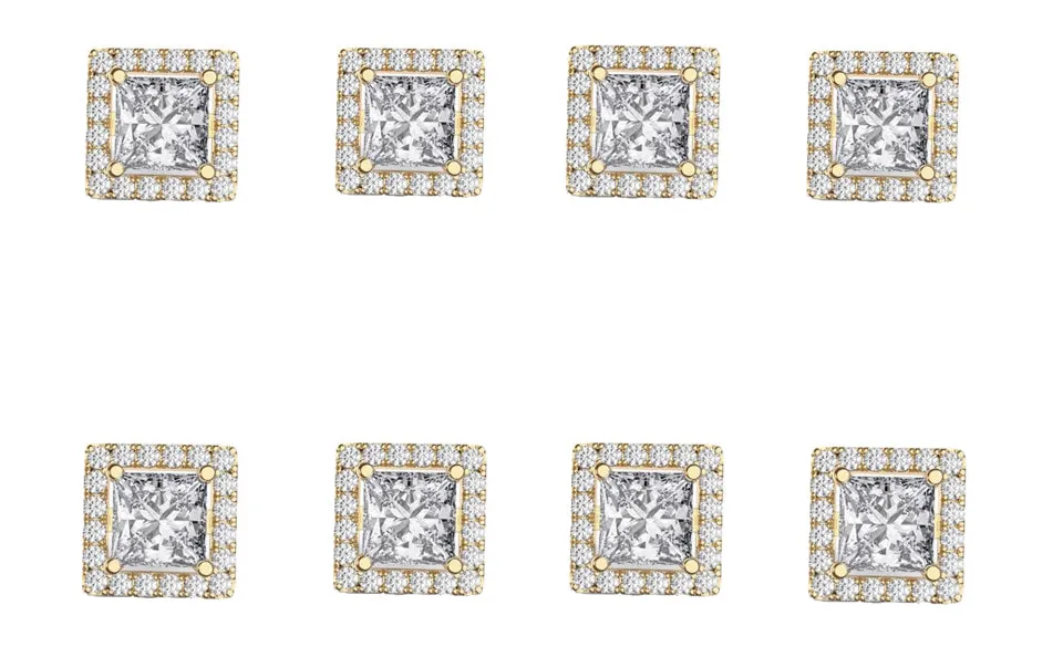 18k Yellow Gold Plated 6mm 3Ct Square Cut White Sapphire Set of Four Halo Stud Earrings