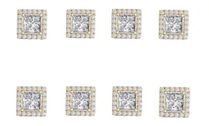 18k Yellow Gold Plated 6mm 3Ct Square Cut White Sapphire Set of Four Halo Stud Earrings