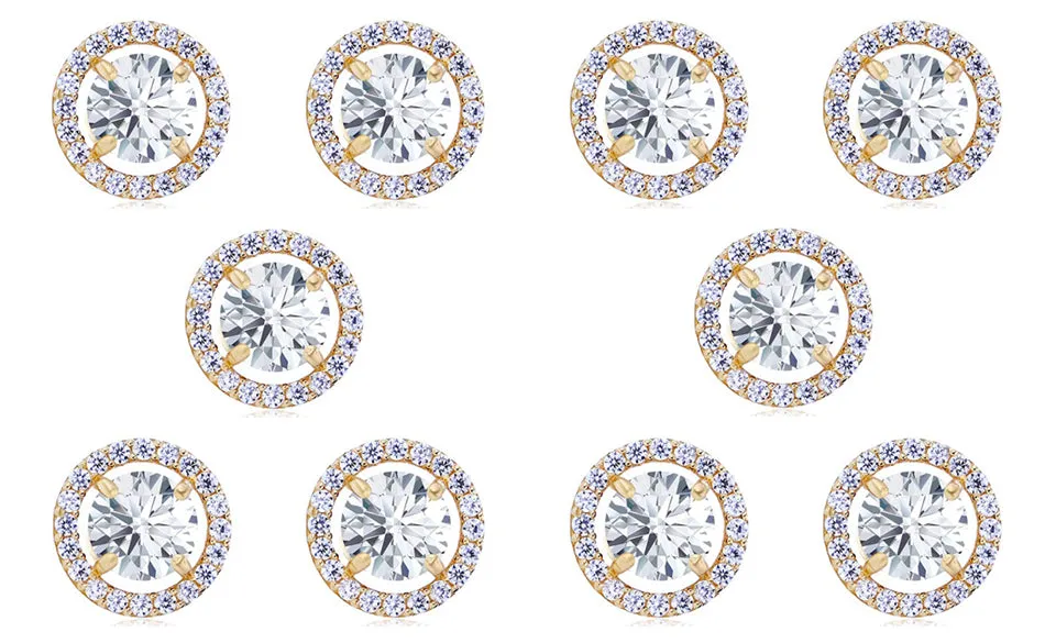 18k Yellow Gold Plated 6mm 4Ct Round White Sapphire Set Of Five Halo Stud Earrings