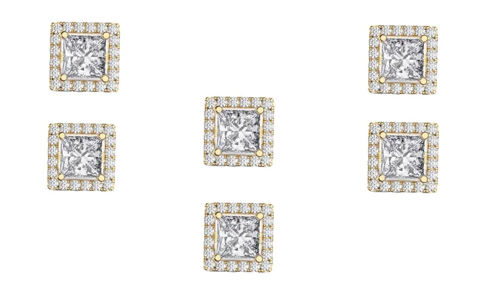 18k Yellow Gold Plated 6mm 4Ct Square Cut White Sapphire Set of Three Halo Stud Earrings