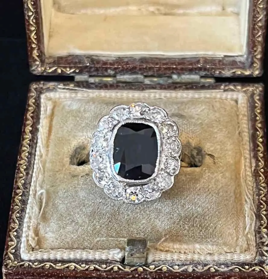 1920s Cushion Cut Sapphire and Diamond Cluster Ring