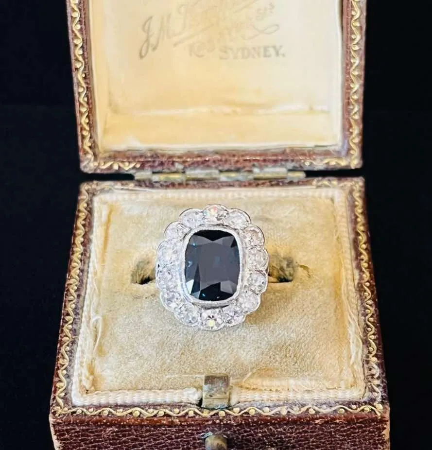 1920s Cushion Cut Sapphire and Diamond Cluster Ring