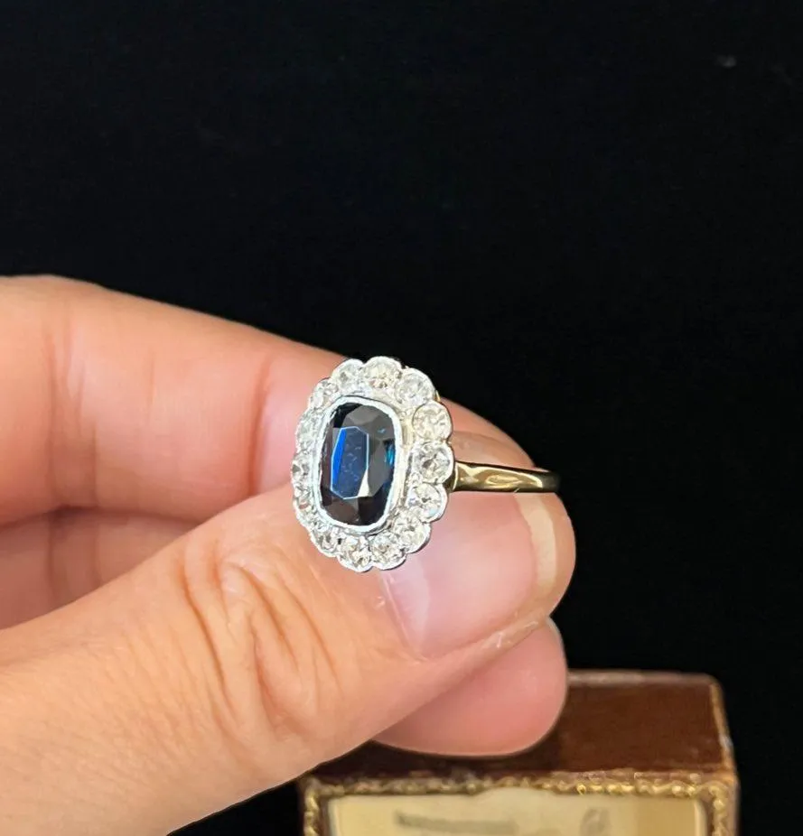 1920s Cushion Cut Sapphire and Diamond Cluster Ring