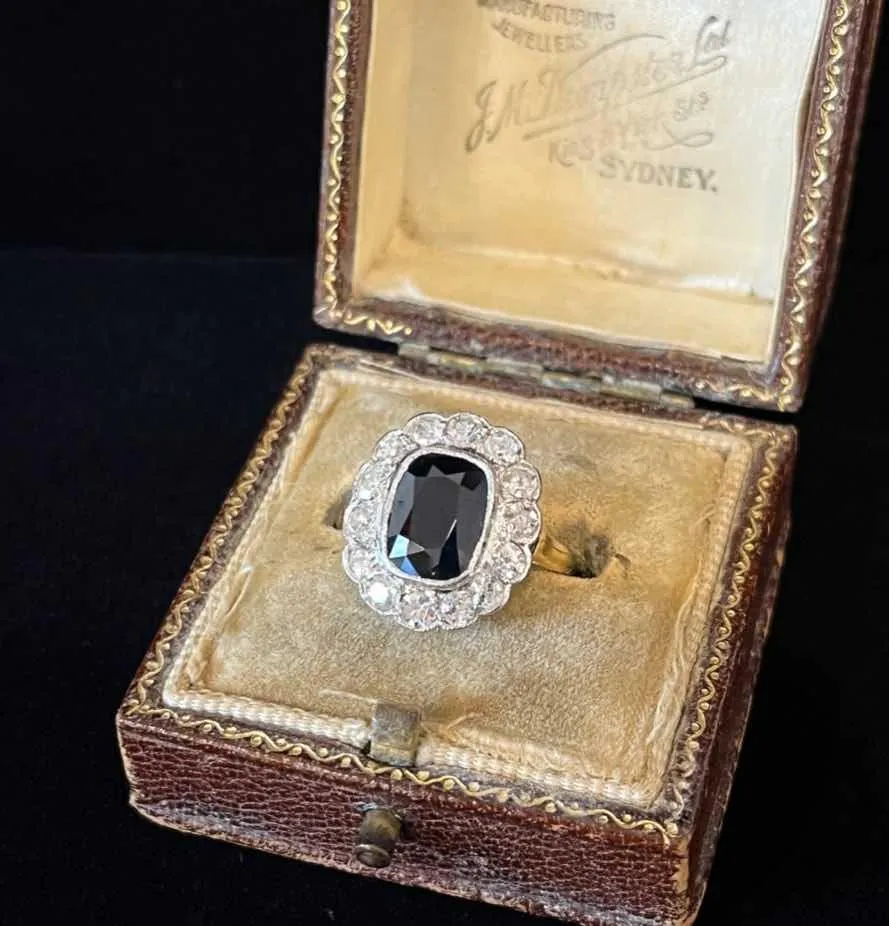1920s Cushion Cut Sapphire and Diamond Cluster Ring