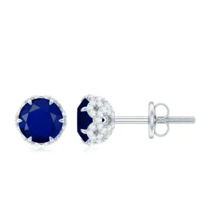 2.25 CT Claw Set Blue Sapphire Solitaire and Diamond Stud Earrings